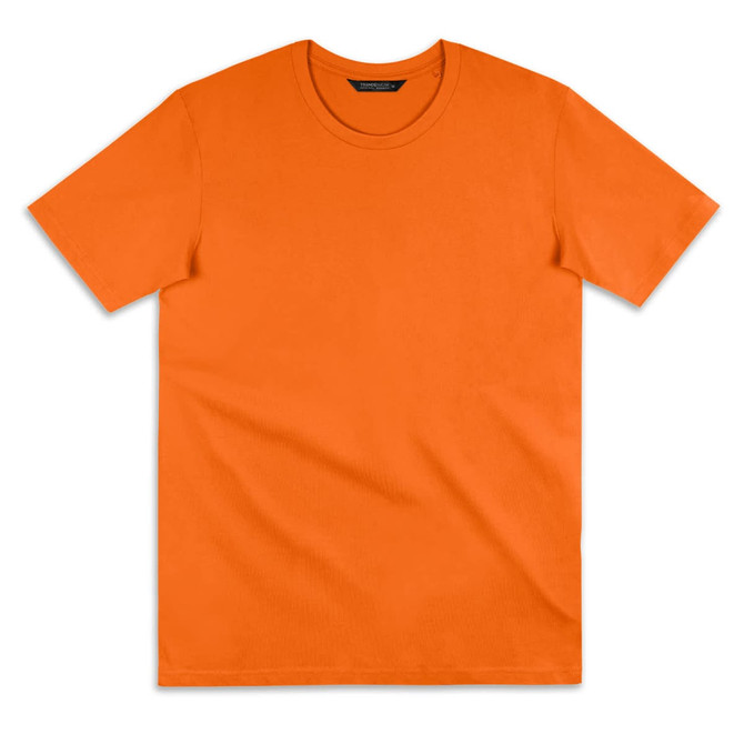 An orange TRENDSWEAR women's T-shirt with a round neck and short sleeves, featuring a logo.