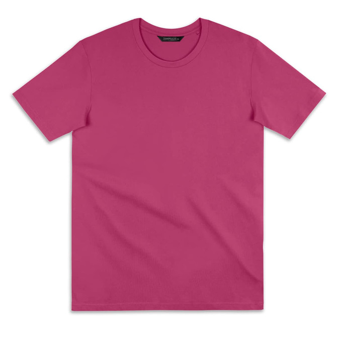 A pink T-shirt with a round neckline and short sleeves, featuring a logo on the label.