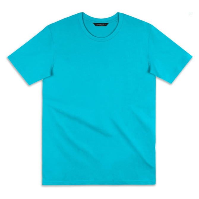 A bright turquoise women's T-shirt with a classic crew neckline and short sleeves. Features a logo on the label.
