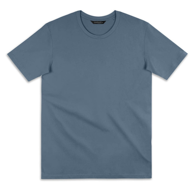 A blue women's T-shirt with a round neckline and short sleeves, featuring a logo on the collar.