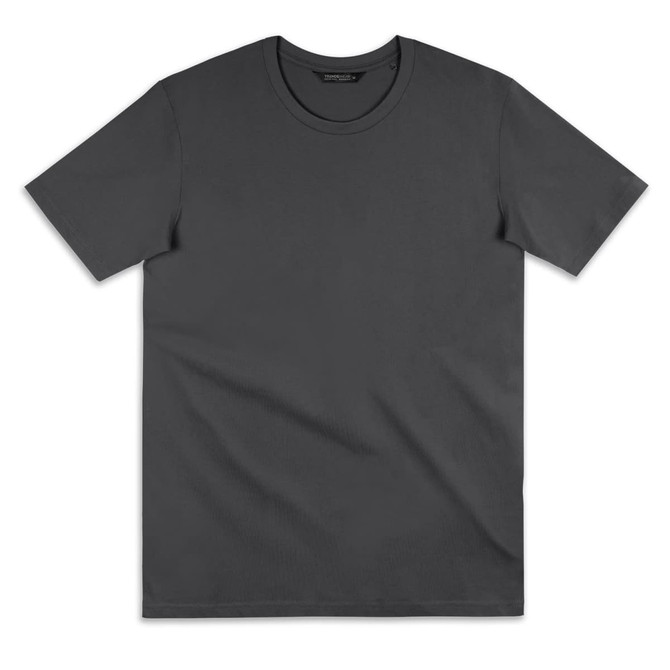 A plain dark grey women's T-shirt with a round neckline and short sleeves. It has a logo on the label.