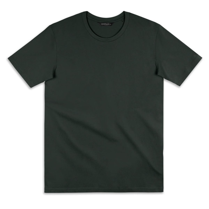 A dark green women's T-shirt with short sleeves and a round neckline. It features a logo on the label.