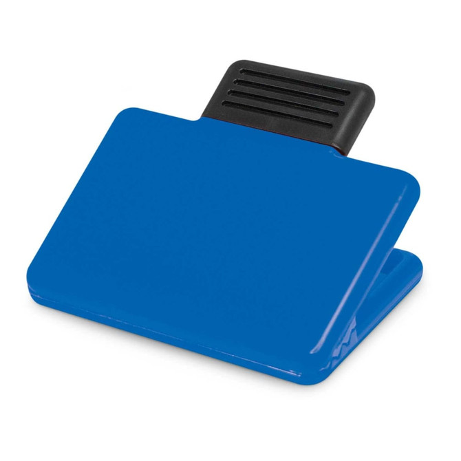 A blue magnetic clip with a black grip on the top, designed for office and business use.