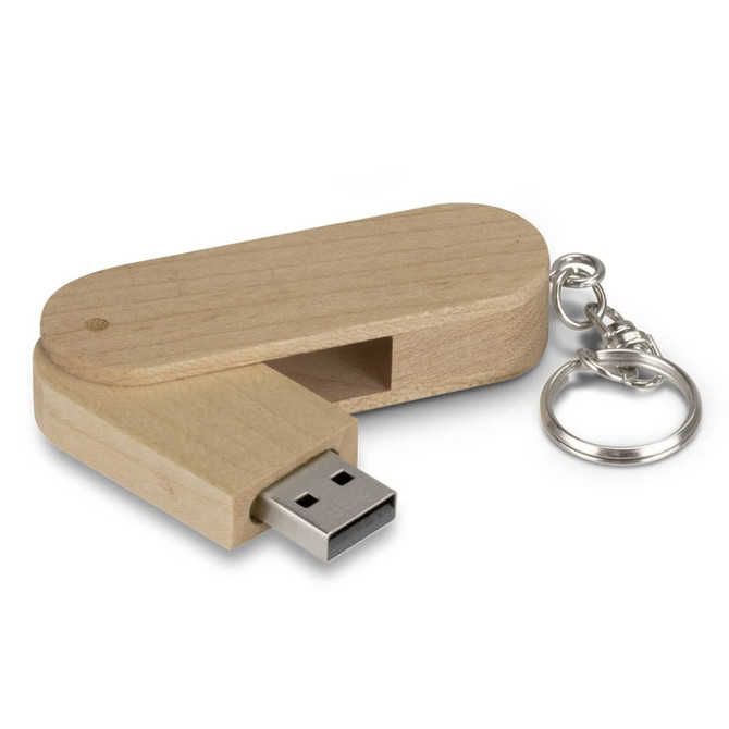 A wooden 8GB flash drive with a metal keychain, featuring a smooth natural finish.