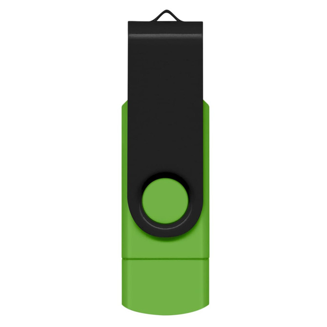 A green and black Helix 8GB dual flash drive with a clip for attachment.
