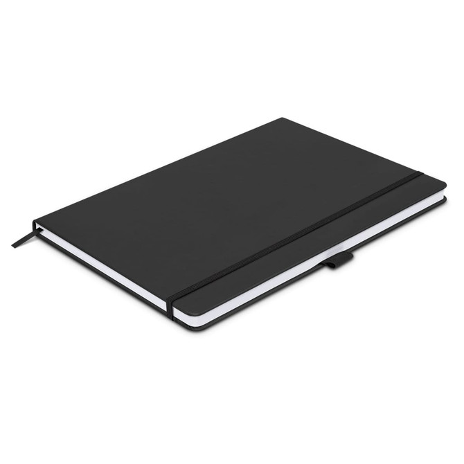 A large black hardcover notebook with a ribbon bookmark and an elastic closure, featuring a simple design and branding.