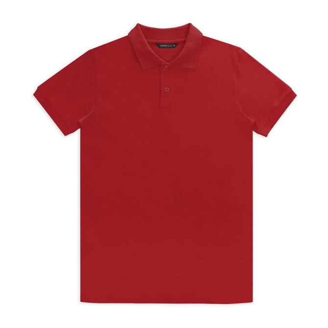 A red polo shirt with a classic collar and short sleeves, featuring a logo on the chest.