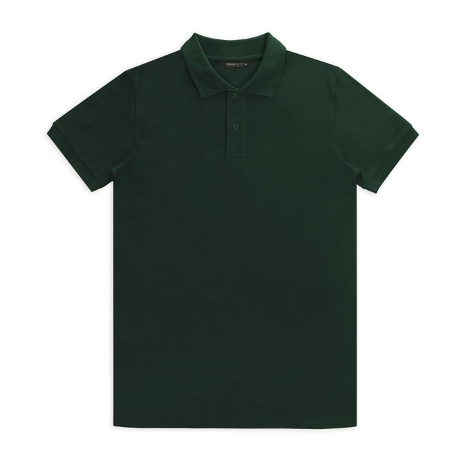 A dark green men's polo shirt with a collar and short sleeves. It has a logo on the chest.