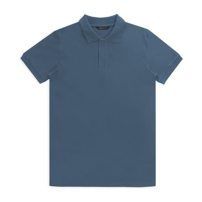 A blue polo shirt with a classic collar and short sleeves, featuring a logo on the chest.