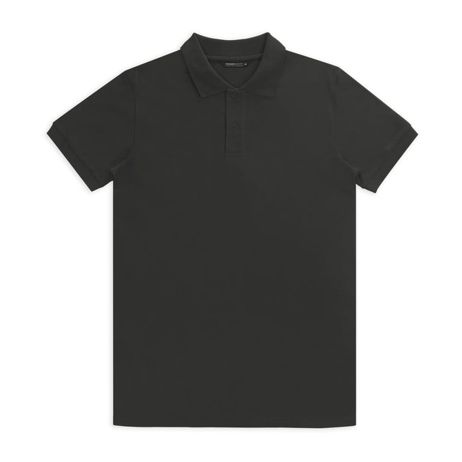 A black polo shirt features a classic collar and short sleeves, with a subtle logo on the chest.
