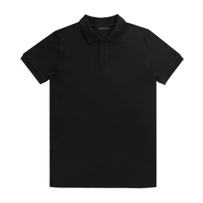 A black polo shirt featuring a collar and short sleeves, with a logo on the chest.