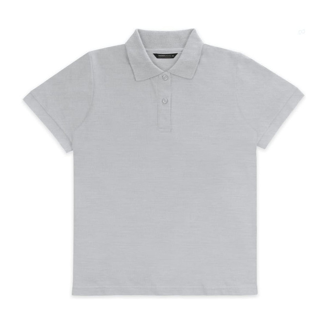 A grey women's polo shirt featuring a classic collar and three-button placket, with a branding logo.