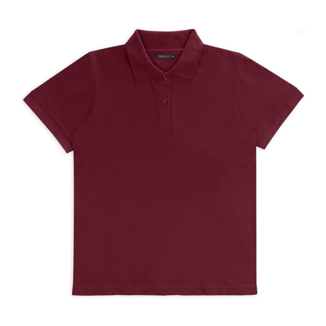 A maroon women's polo shirt with short sleeves and a classic collar, featuring a button placket and branding.