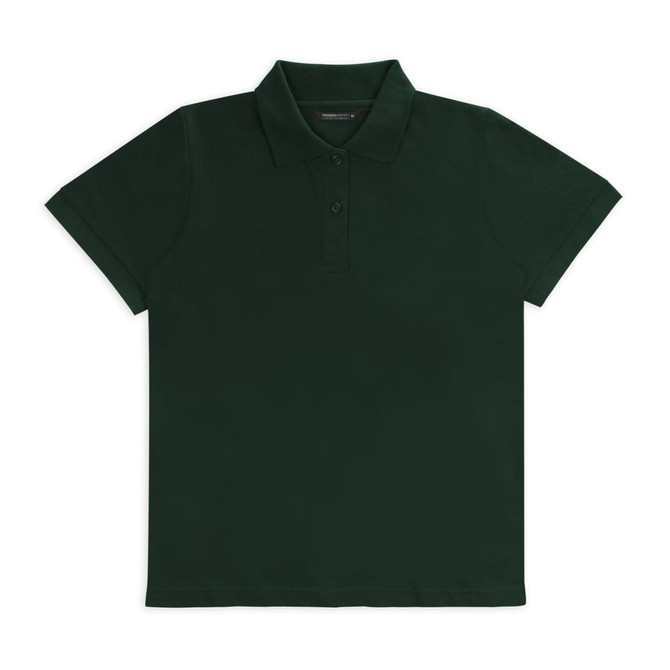 A dark green polo shirt with a collar and three buttons, featuring a logo.