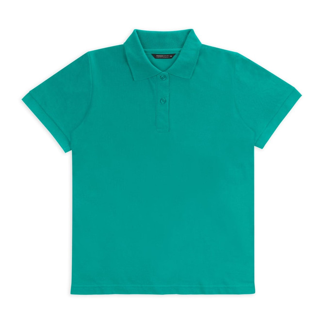 A turquoise women's polo shirt with a classic collar and button placket, featuring short sleeves.