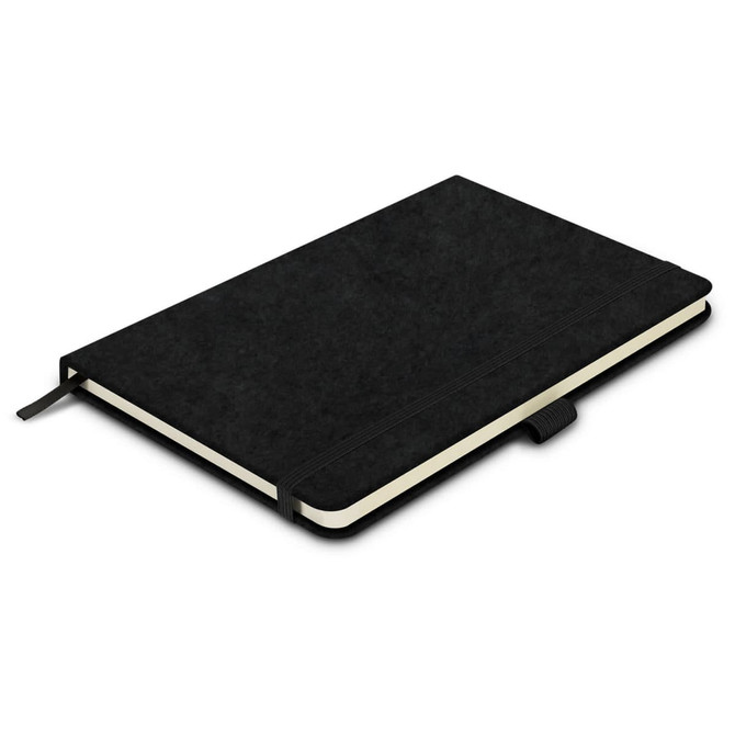 A black RPET felt hard cover notebook with an elastic closure and cream-coloured pages. It includes a branding logo.