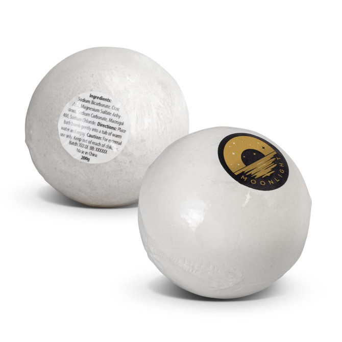 A white bath bomb with a logo on one side, featuring a smooth textured surface.