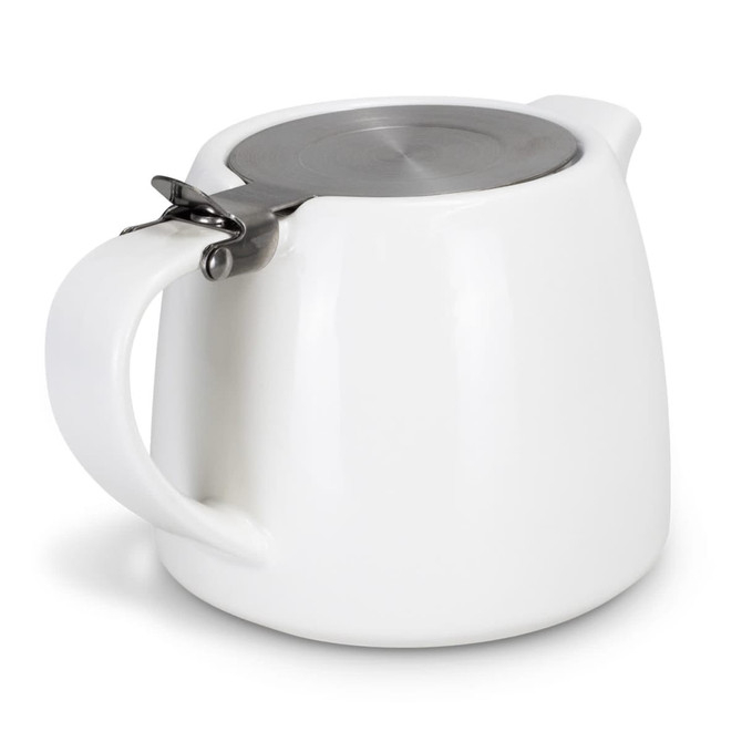 A white teapot with a stainless steel lid and a sleek handle, designed for serving tea.