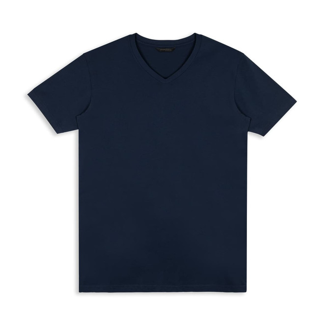 A navy blue men's T-shirt with a v-neck design, featuring a simple structure and no graphics. It includes a logo.