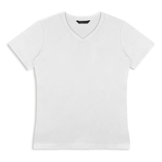 A white women's T-shirt with a v-neck design and short sleeves. It features a branding logo.