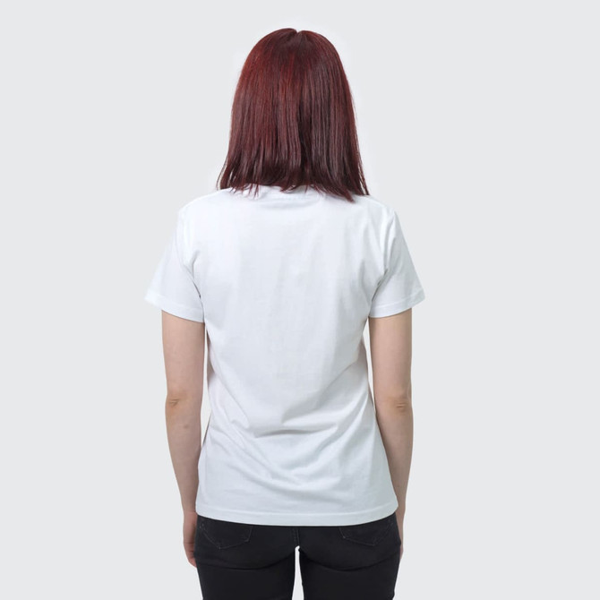 A white women's t-shirt with a crew neck and short sleeves, featuring a plain back view.