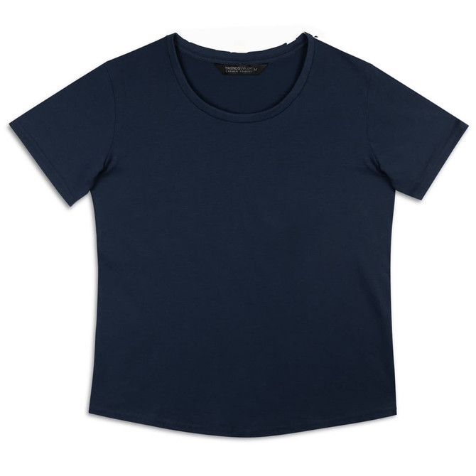 A navy women's T-shirt with a round neckline and short sleeves, featuring a logo on the label.