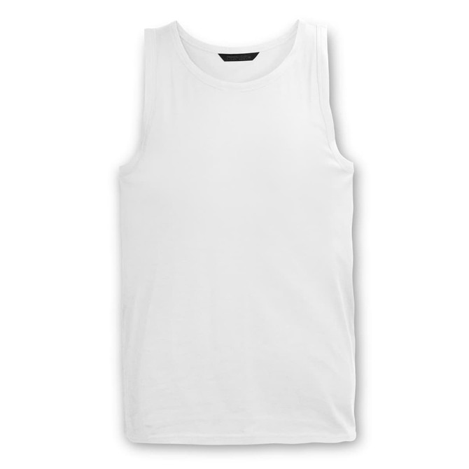 A plain white men's tank top featuring a logo. It has a classic singlet design and is made of soft fabric.
