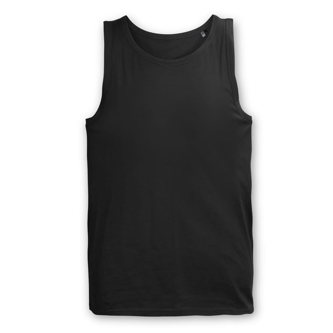 A black men's tank top with a simple design and no graphic elements, featuring a logo at the neckline.