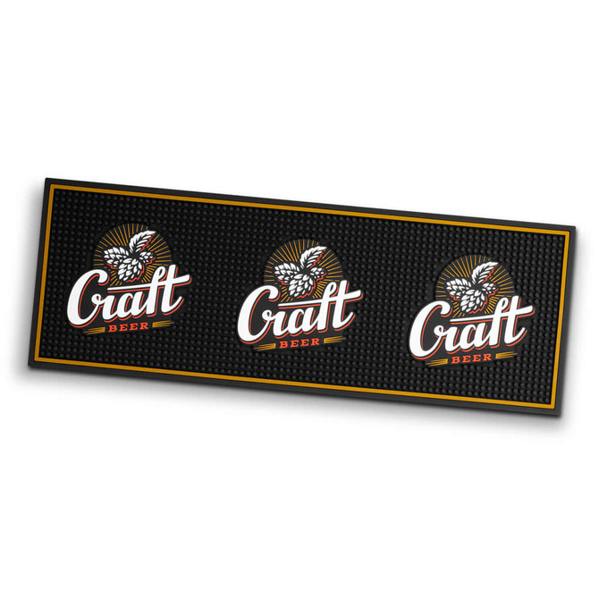 A large black PVC bar runner featuring three logos with a craft beer theme, accented with gold details.