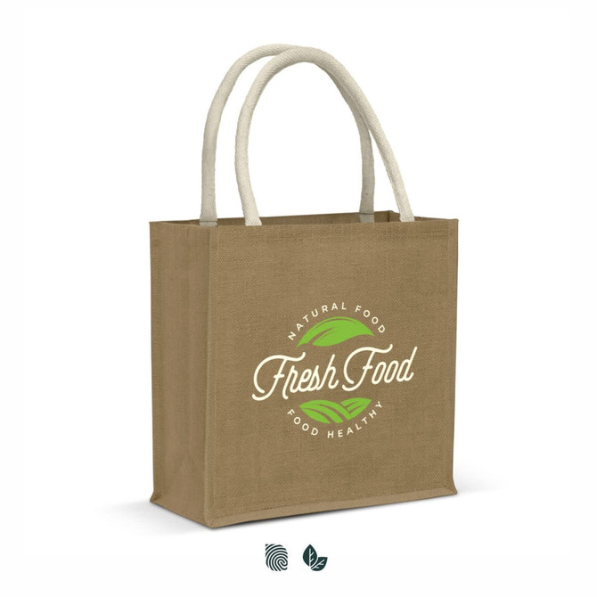 A jute tote bag in light brown with natural-looking handles, featuring a logo and green leaf elements.