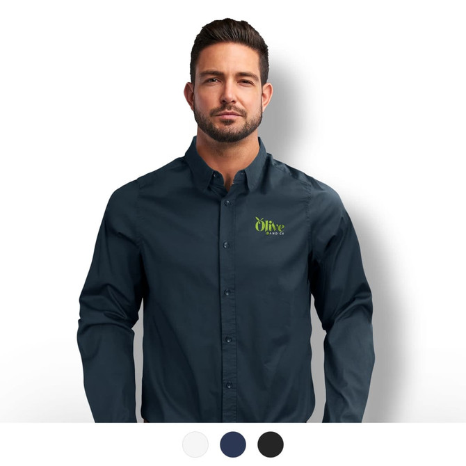 A men's button-up shirt in a dark olive green colour, featuring a logo on the chest.