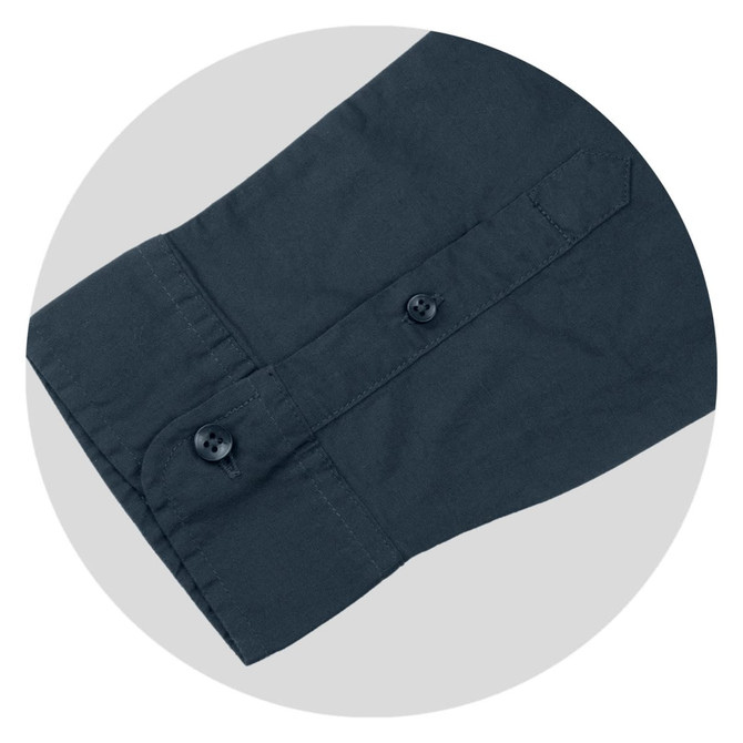 A dark green button-up shirt sleeve featuring two buttons and a pointed cuff. The fabric is smooth and lightweight.