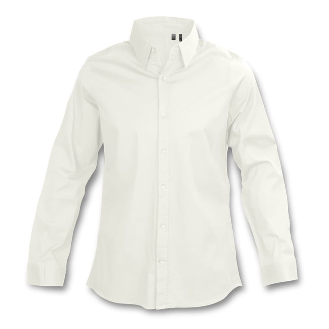 A white button-up shirt for women with long sleeves and a collar, featuring a logo on the front.
