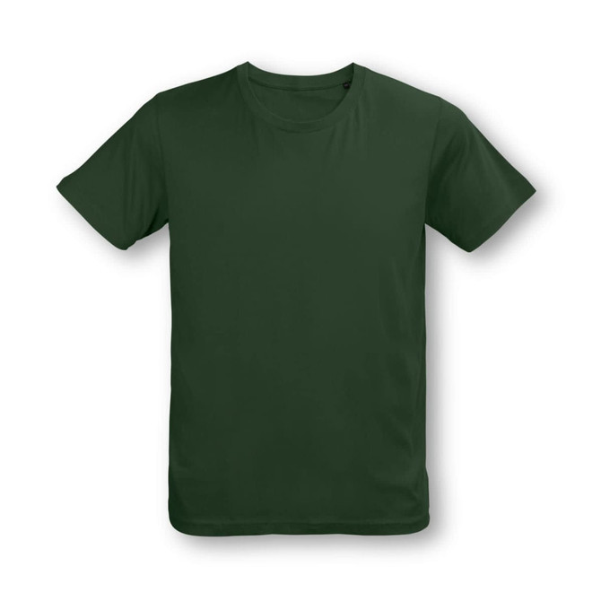 A dark green youth t-shirt with short sleeves and a round neckline. The shirt features a logo.