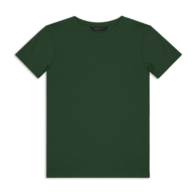 A green youth T-shirt with a crew neckline and short sleeves, featuring a logo on the label.