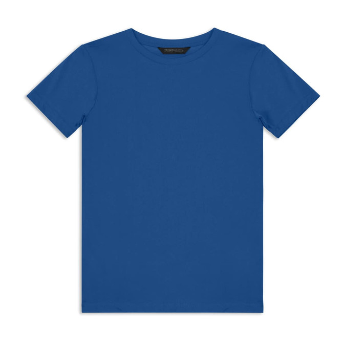A blue youth T-shirt with a round neckline and short sleeves, featuring a logo.