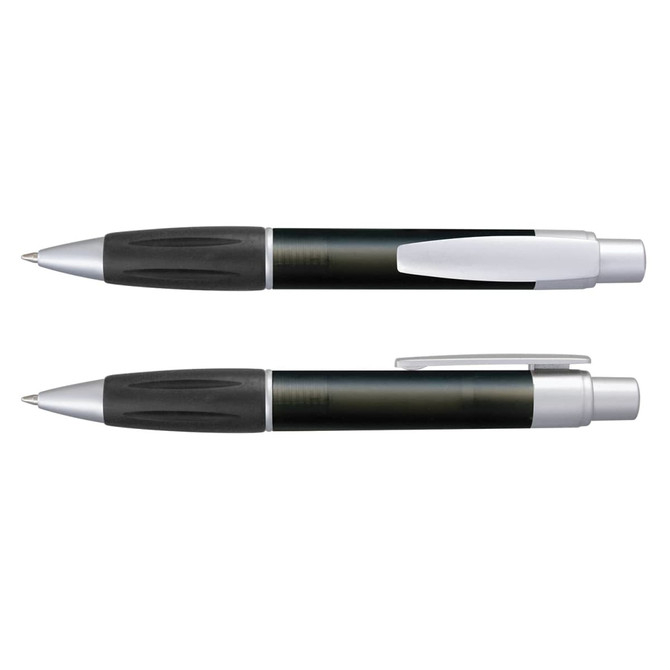 A Matrix Pen in black and silver, featuring a plastic body and a comfortable grip, displayed from different angles.