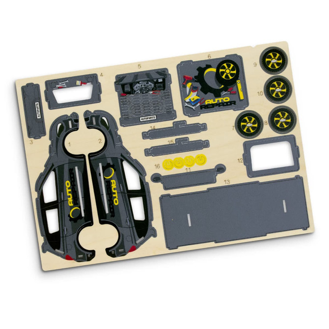 A wooden model kit featuring pieces in black and yellow for assembling a hatchback car. Includes wheels and body components.