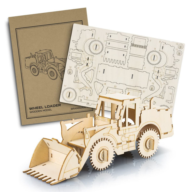 A wooden model of a wheel loader, featuring detailed parts and a cardboard packaging design.