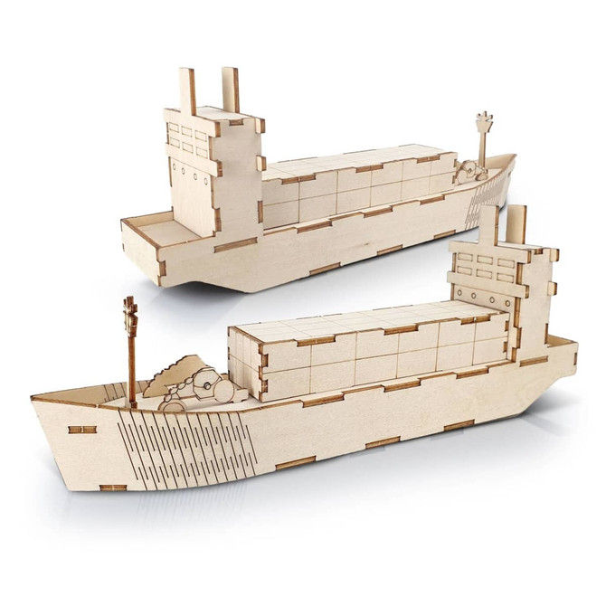 A wooden model of a cargo ship in a light wood colour, featuring detailed structures and a logo on the side.