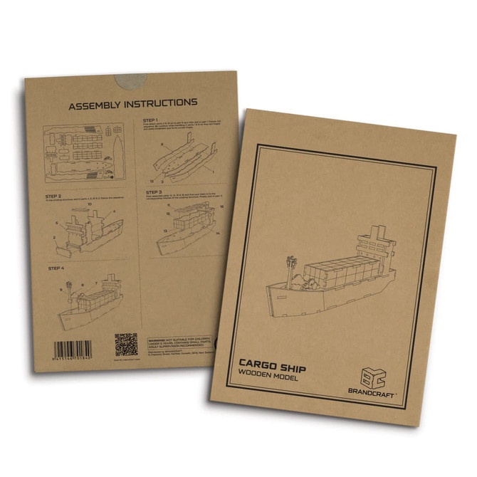 An assembly instruction booklet for a wooden cargo ship model featuring diagrams and a simple design.
