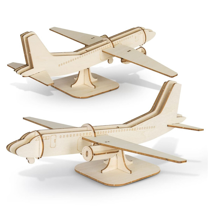 A wooden model jet plane in a light natural finish, featuring a detailed design and a sturdy base.