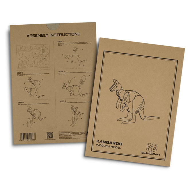 A cardboard package featuring assembly instructions for a wooden kangaroo model, outlined in black on a brown background.