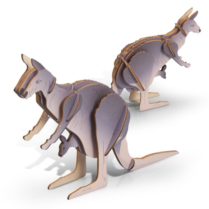 A wooden model of two kangaroos in shades of grey, featuring detailed cutouts and a logo on the base.