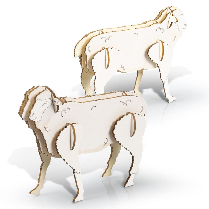 A wooden model of a sheep, featuring a white finish with beige detailing, showcasing two standing figures.