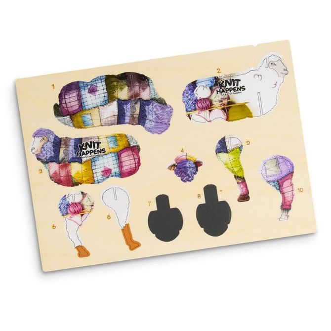 A wooden model kit featuring colourful sheep and related pieces for assembly, with a branding logo included.