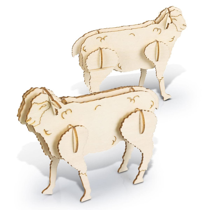 A wooden model of sheep in a natural wood finish, showcasing intricate cut-out details and standing on a flat surface.