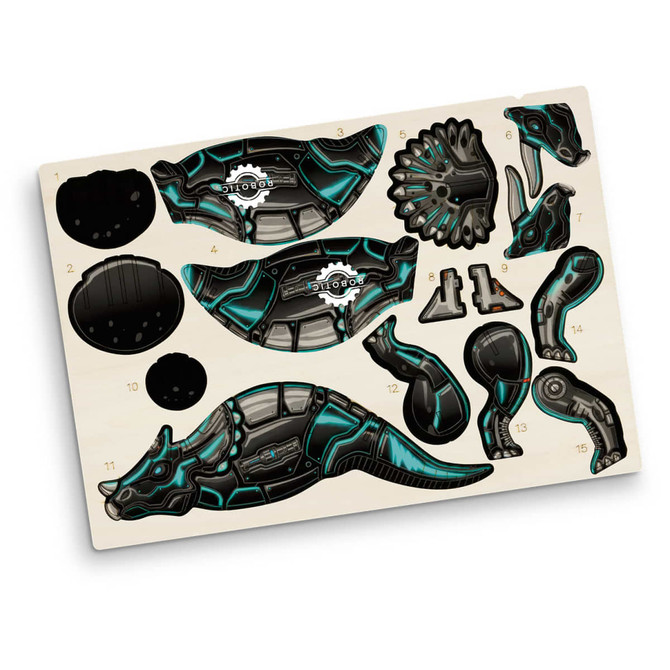 A wooden model kit featuring black and turquoise pieces to assemble a triceratops design, with a branded logo.