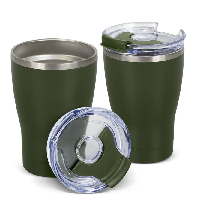 A drink bottle set featuring two olive green vacuum cups with clear lids. One lid is detached from a cup.