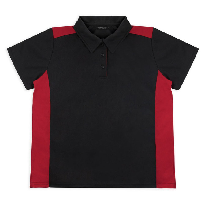 A black and red women's polo shirt featuring a collar and a logo. It has short sleeves and button detailing.